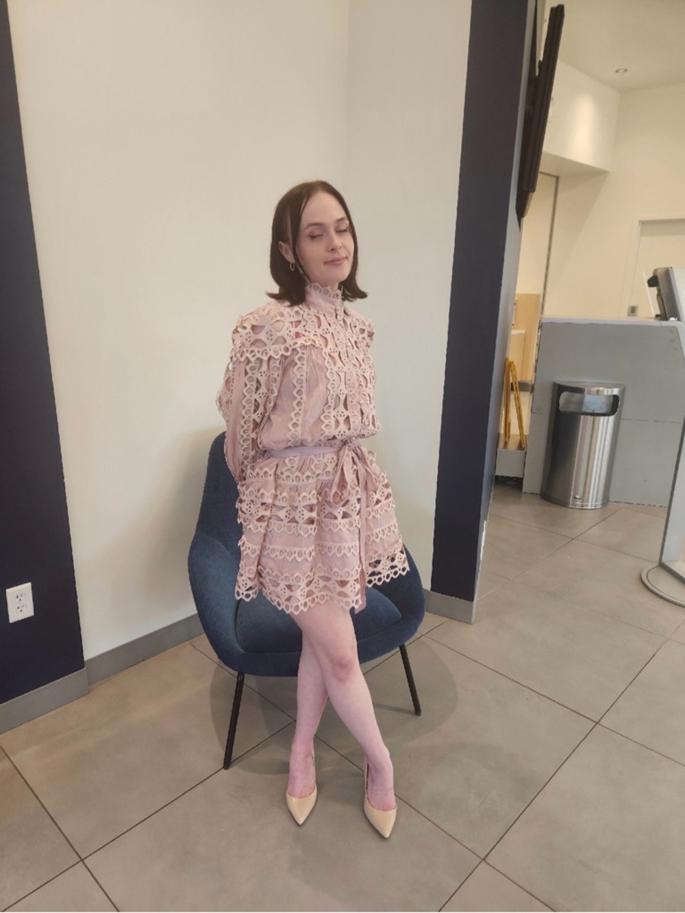 High-Neck Lace Tie-Waist Mini Dress in Blush Pink
